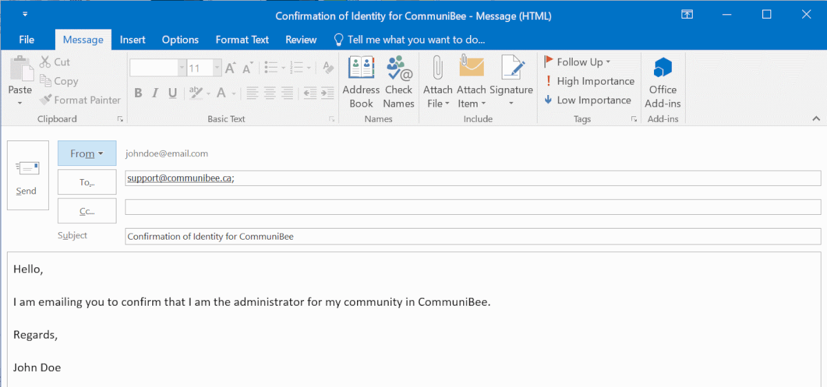 Screen capture of the email sent to CommuniBee support to confirm who the administrator is.