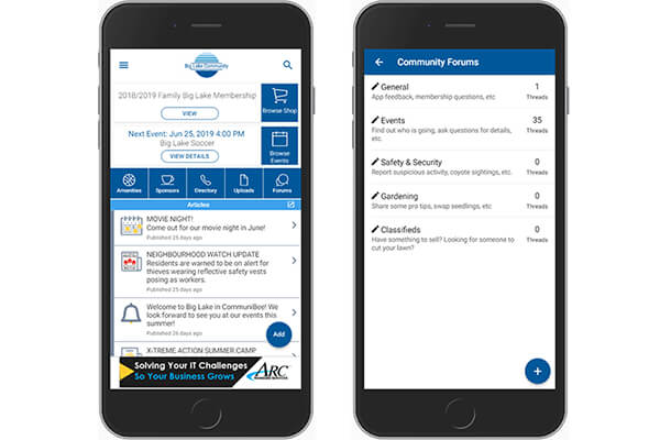 Two smartphones features CommuniBee's home screen and the community forums screen.
