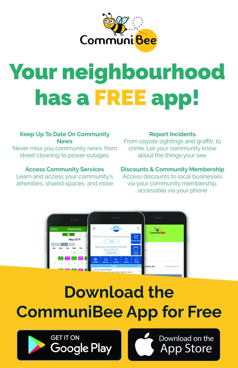 Image of a CommuniBee poster advertising the free app and its benfits.