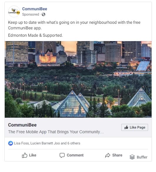 Screenshot of a CommuniBee sponsored post on Facebook.