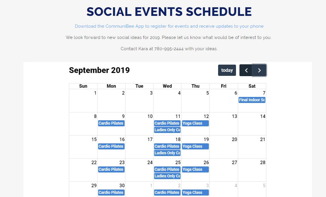 CommuniBee screen capture showing how to embed news and events into a community's social events schedule.