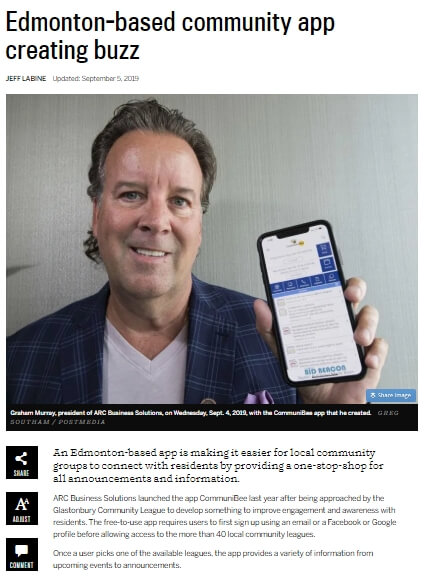 Image of a news article titled, "Edmonton-based community app creating buzz."