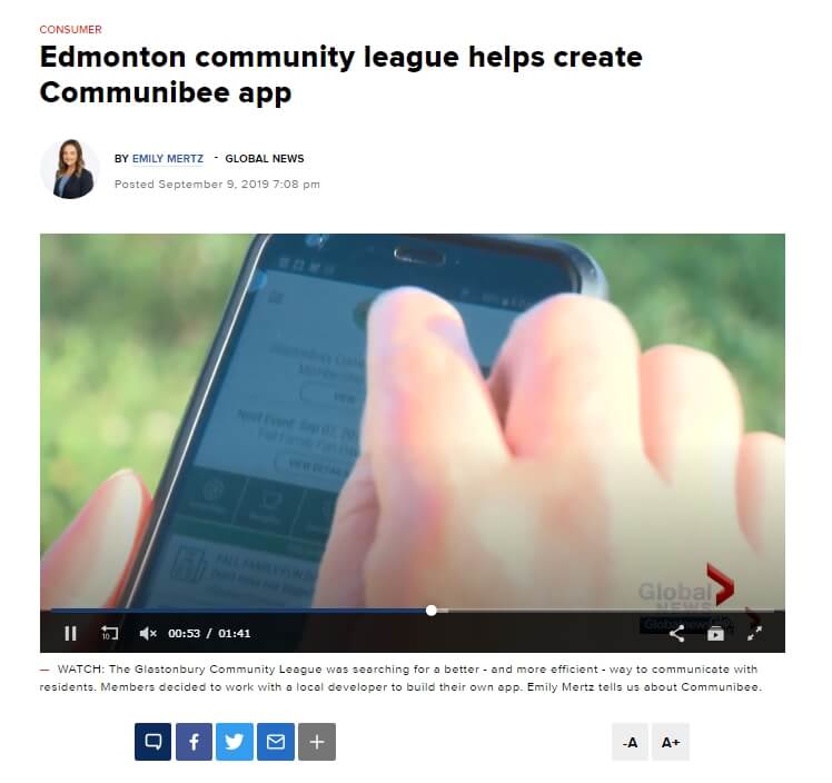 Image of a news article titled, "Edmonton community league helps create CommuniBee app."