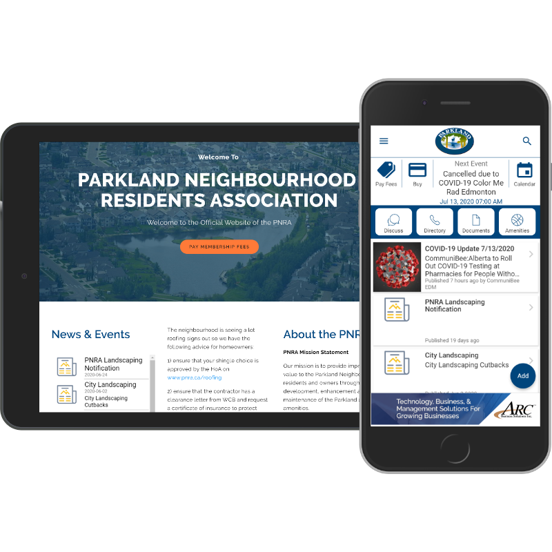 Smartphone and tablet showcasing the Parkland Neighborhood Residents Association.
