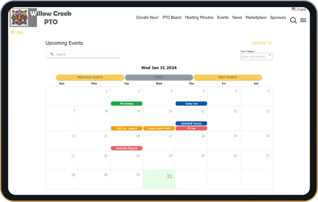 PTO sample events calendar