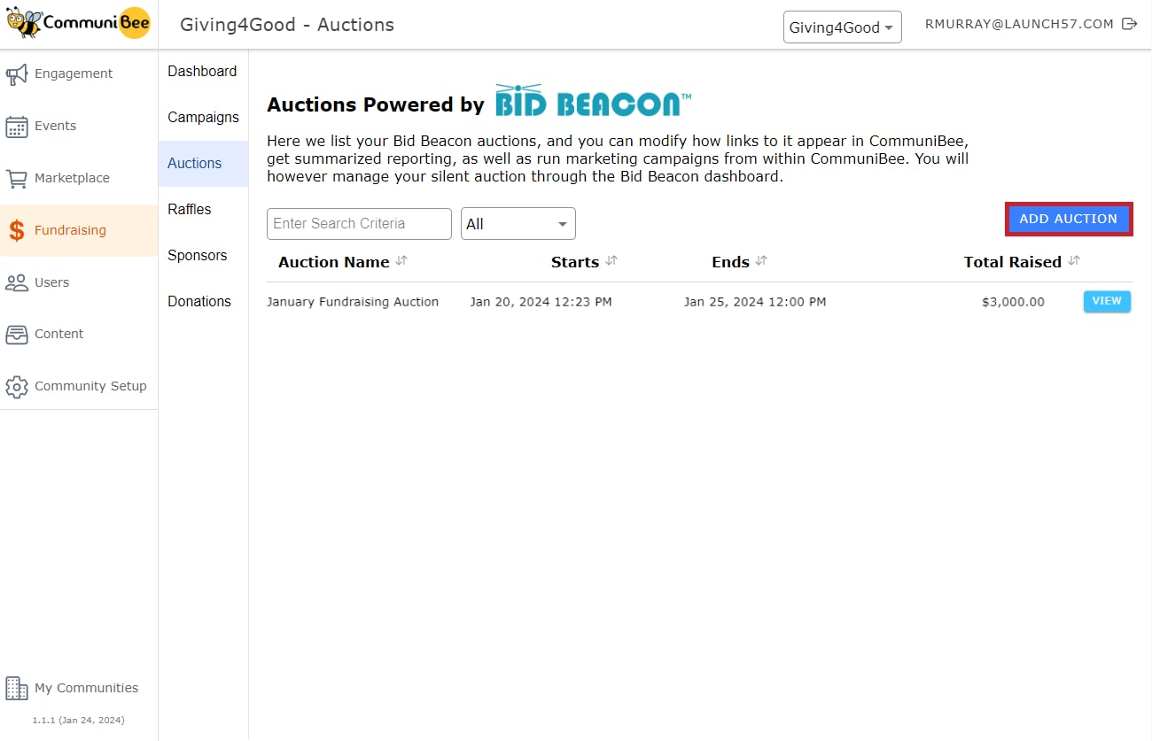 Set up silent auction from dashboard